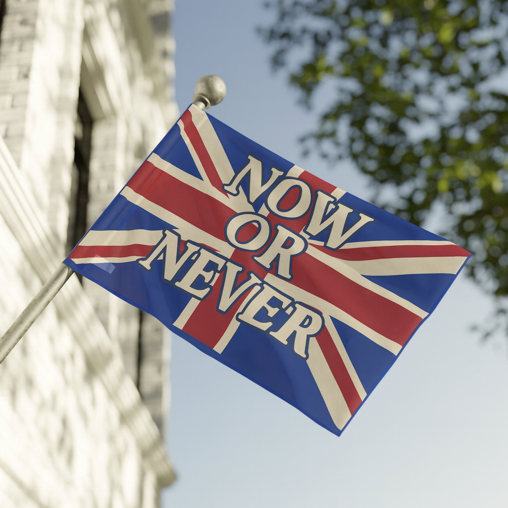 ‚NOW OR NEVER‘ — Union Jack Retro Flag